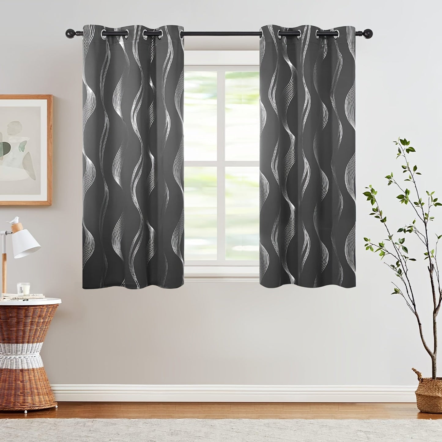 Two pieces of contemporary blackout curtains made from high-quality woven polyester, featuring a grommet top design for easy hanging. These room darkening drapes are machine washable and showcase a fantasy stripe pattern with eyelet detailing. Suitable