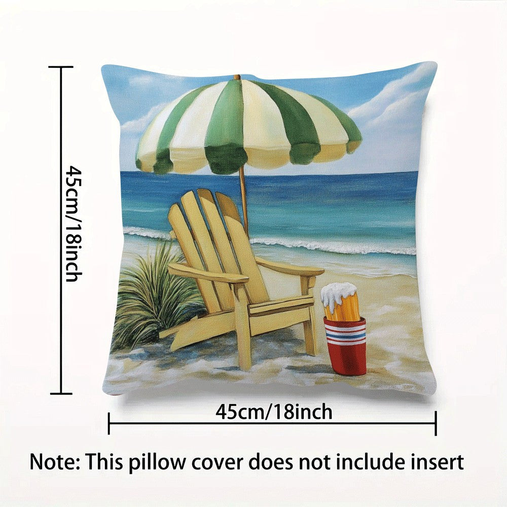 Flannel Beach Chair and Umbrella Pillowcase, Modern Summer Holiday Theme, 45.72x45.72cm in Size, Zippered Square Cushion Cover for Sofa, Bedroom, Living Room, Car - Machine Washable, All-Season Comfort, Perfect for Back Sleepers.