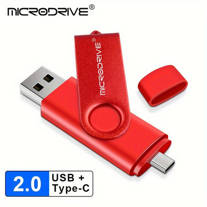 MiCRODRIVE USB 2.0 Pen Drive in 4GB, 8GB, 16GB, 32GB, 64GB, and 128GB capacities, with a 360 rotating metal design and Type-C compatibility for Android devices. Available in black, blue