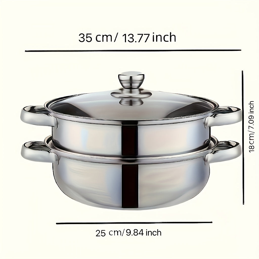 High-quality stainless steel double-layer steamer set suitable for both induction and gas stoves, ideal for cooking and entertaining.