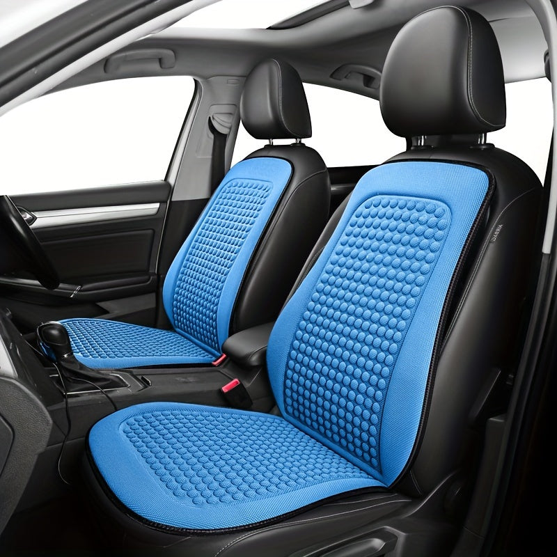 Cooling car seat cushion with breathable fabric, easy install and no-tie design for all seasons.