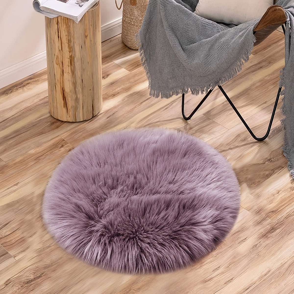 Purple Gray Imitation Hair Round Cushion - Small size, perfect for decorating your living room sofa, floating window, or dressing chair. Measures 15.7 inches by 15.7 inches.