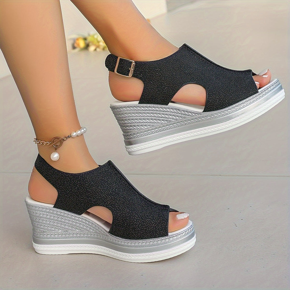 New material fish mouth sandals with thick-soled wedge heel.