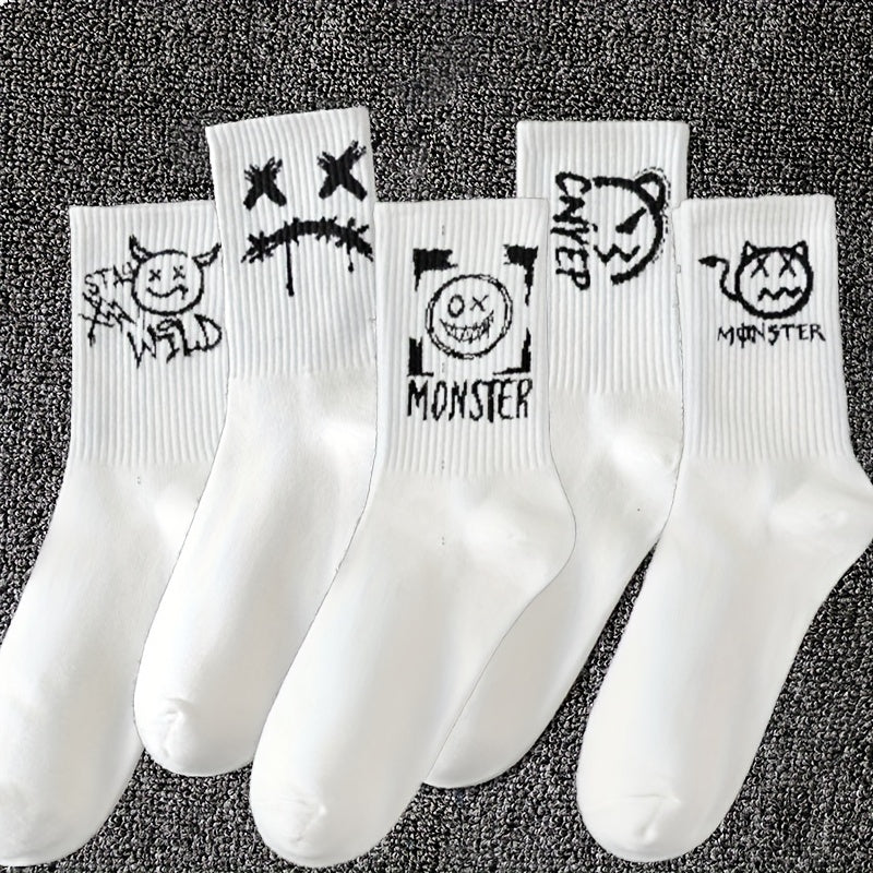 5 pairs of men's black and white graffiti pattern crew socks, comfortable and breathable, suitable for all seasons.