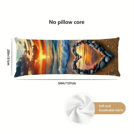 Valentine's Day Love Heart Beach Scene Ultra-Soft Plush Long Body Pillow Cover - 1 Piece, Size: 137.16x50.8cm. This Breathable and Reusable Zippered Lumbar Cushion Case is perfect for your Sofa or Bed, and is Machine Washable.