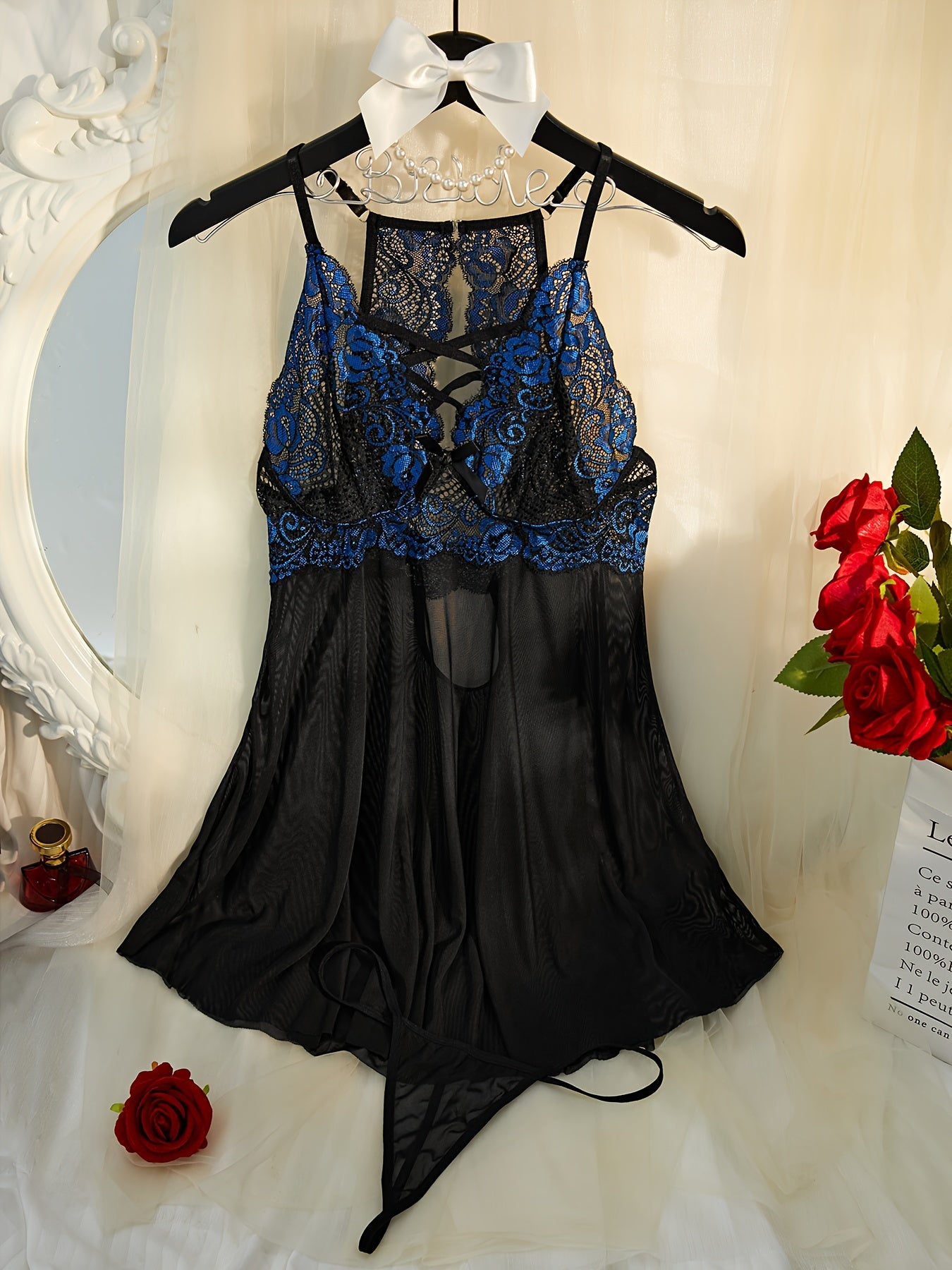 Cross-strap lace babydoll dress with thong set for women, semi-sheer with sexy colorblock design.