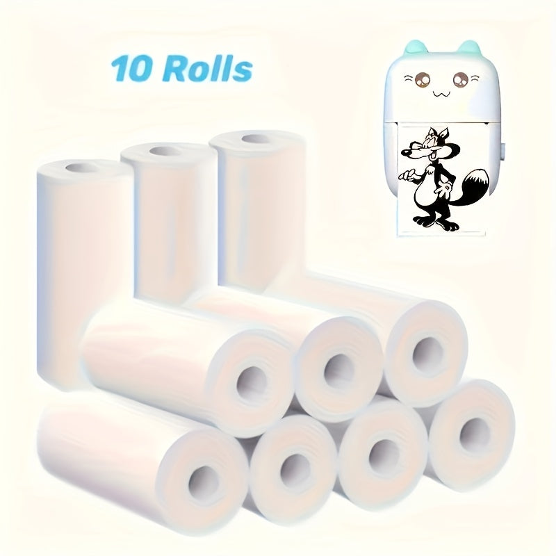 Pack of 10 thermal printer paper rolls for portable instant camera printer with smooth, recyclable surface and inkless printing.