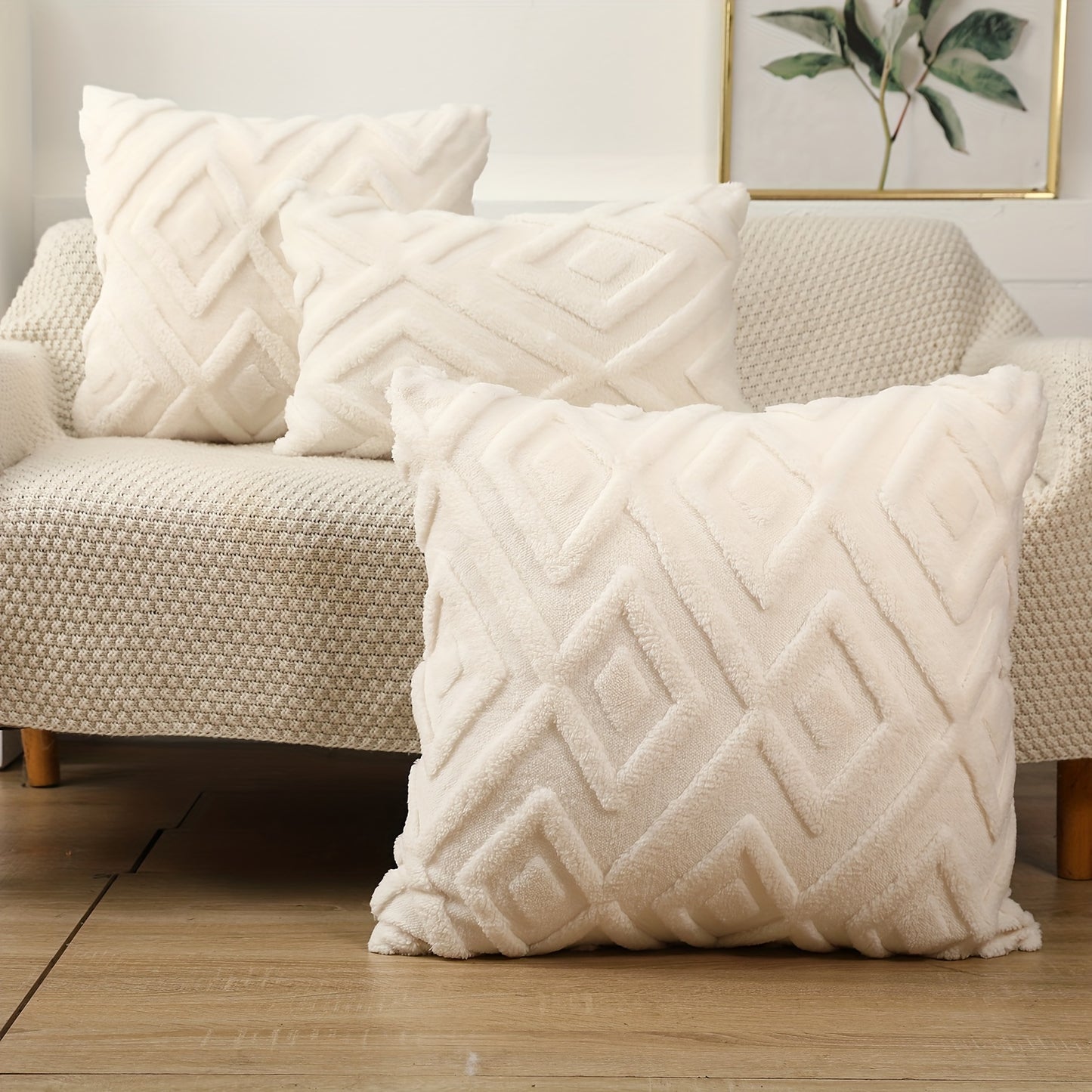 Cream white Bohemian faux fur pillow cover with geometric pattern, zipper closure, soft and fluffy, ideal for sofa, bedroom, and car decor. Does not include pillow insert.