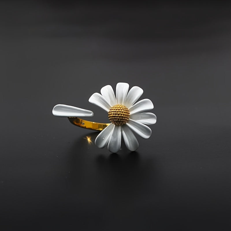 Set of Daisy Flower Jewelry Pieces in Stainless Steel - Includes Earrings, Necklace, Ring, and Bangle. Adorable Style, Ideal for Everyday and Vacation Wear. Suitable for All Seasons, Unplated Design.