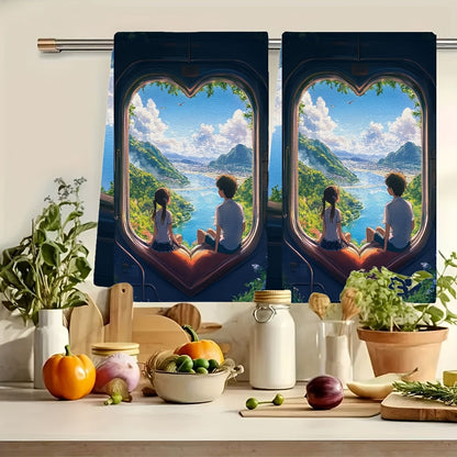 Set of 2 Kitchen Towels - Featuring an Anime Couple Sitting on a Heart Shaped Train Seat, Gazing at a Beautiful Landscape Through the Window. These Ultra Soft Towels are Highly Absorbent and Perfect for Holiday Decor. Machine Washable and Measures 16x24