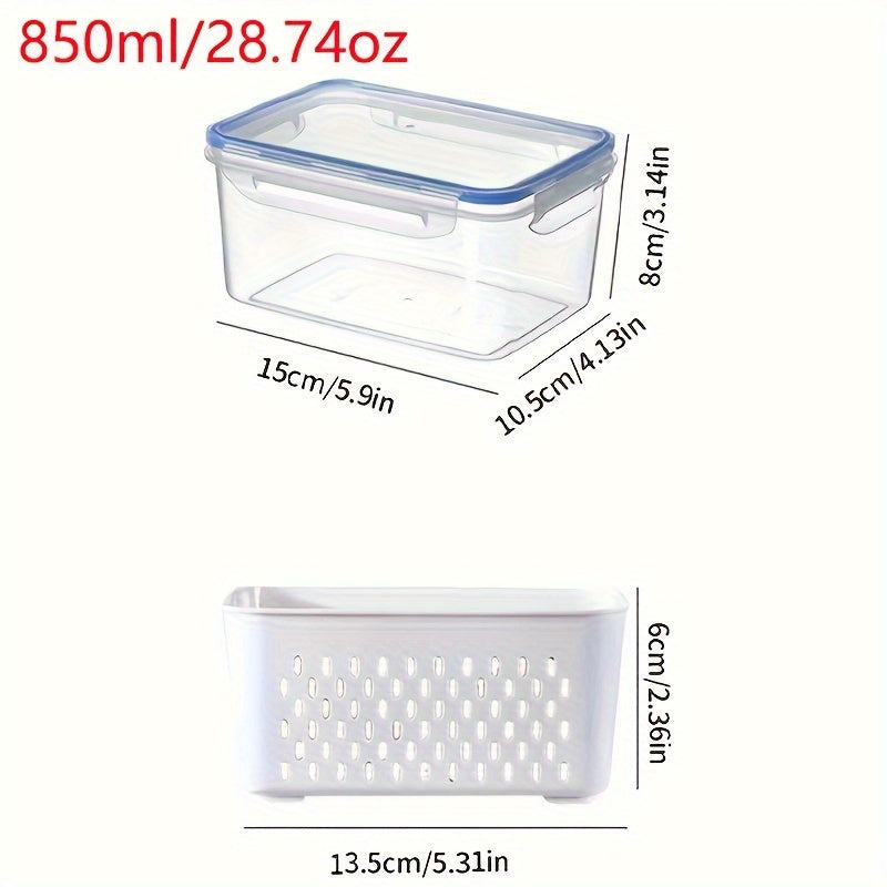 Durable plastic kitchen organizer, the 2-in-1 Refrigerator Storage Bin features a double layer draining basket with lid. This multifunctional container is ideal for storing fruits, vegetables, and meat, keeping them fresh in a transparent sealed box.