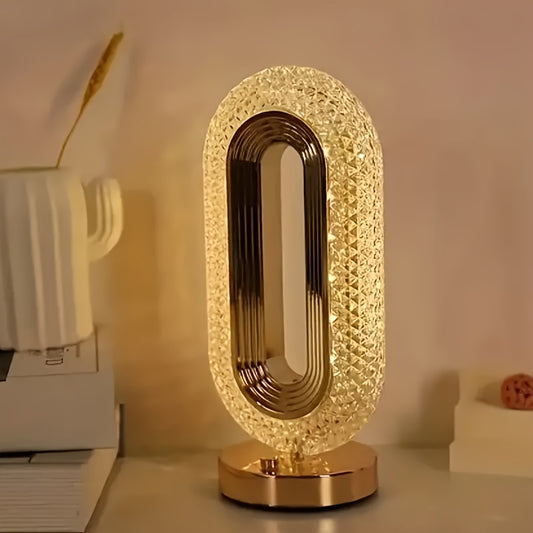 Luxury oval crystal table lamp with mini USB charging for office or living room bedside night light.