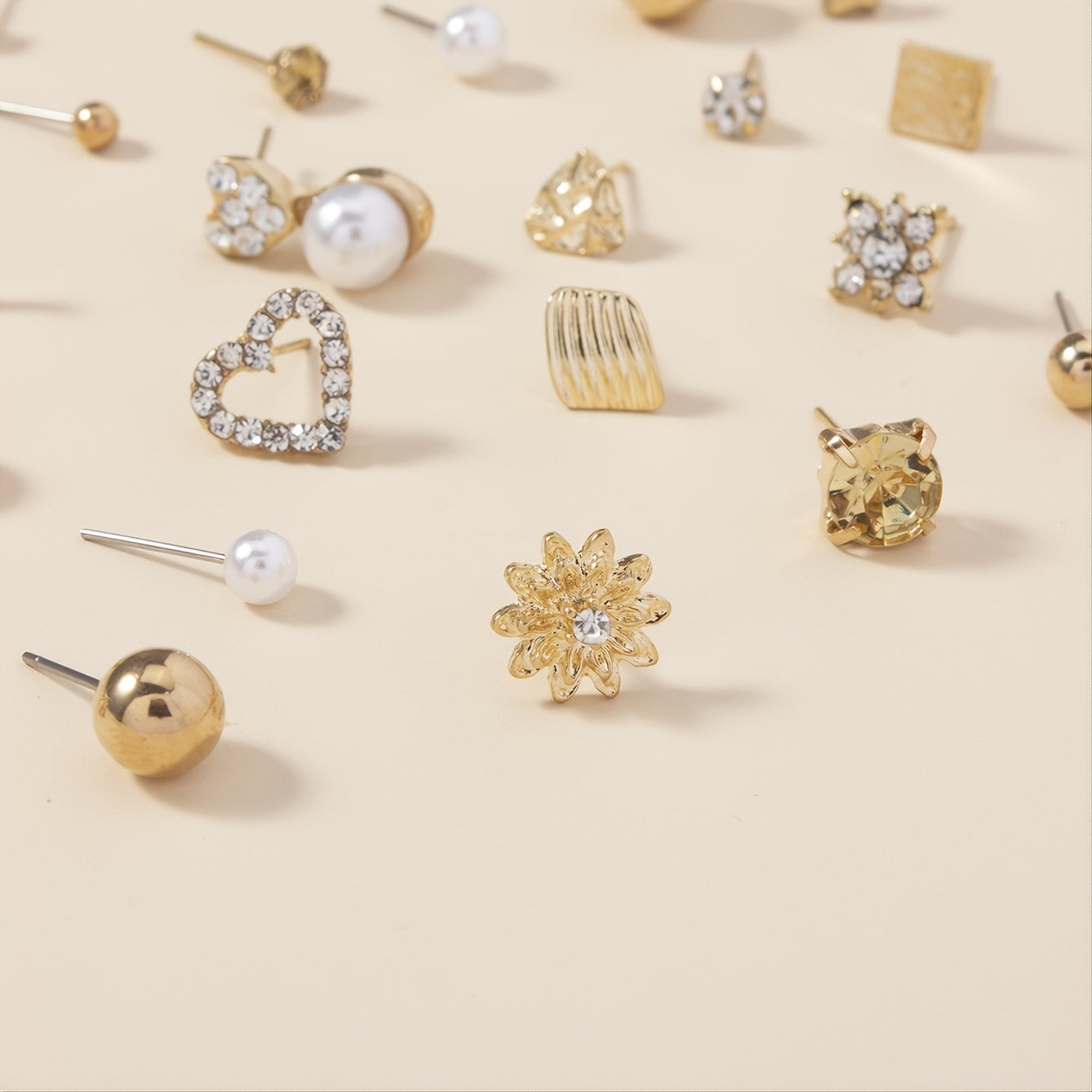 Set of 30 pairs of stud earrings, featuring a combination of alloy material, full rhinestones, faux pearls, and round love letters.