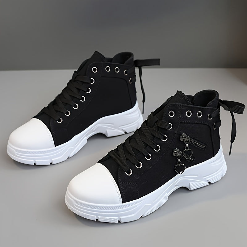 Women's canvas platform sneakers with zip detail, lace-up high top design, and casual all-match style, available in plus sizes.