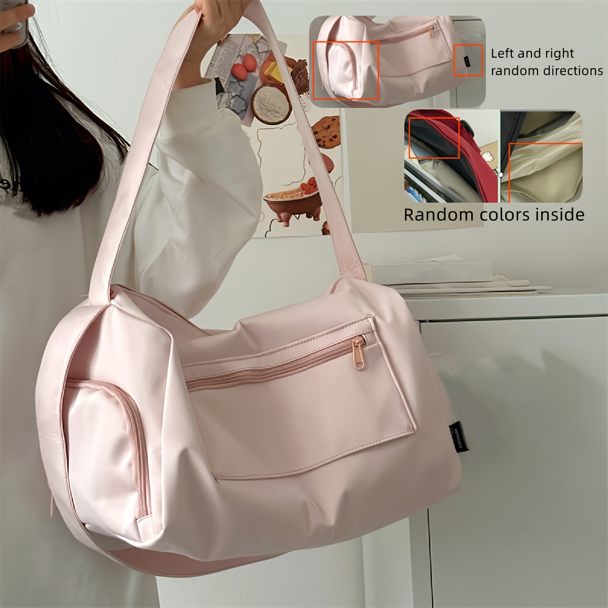 Pink duffel bag with headphone jack for gym, travel, and short trips; lightweight, stylish, and portable.