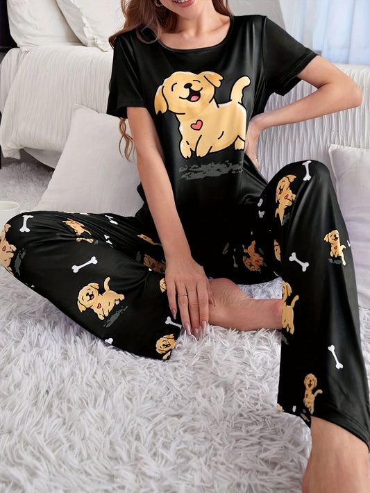 Women's sleepwear set with cute puppy print, short sleeve top, and elastic pants.