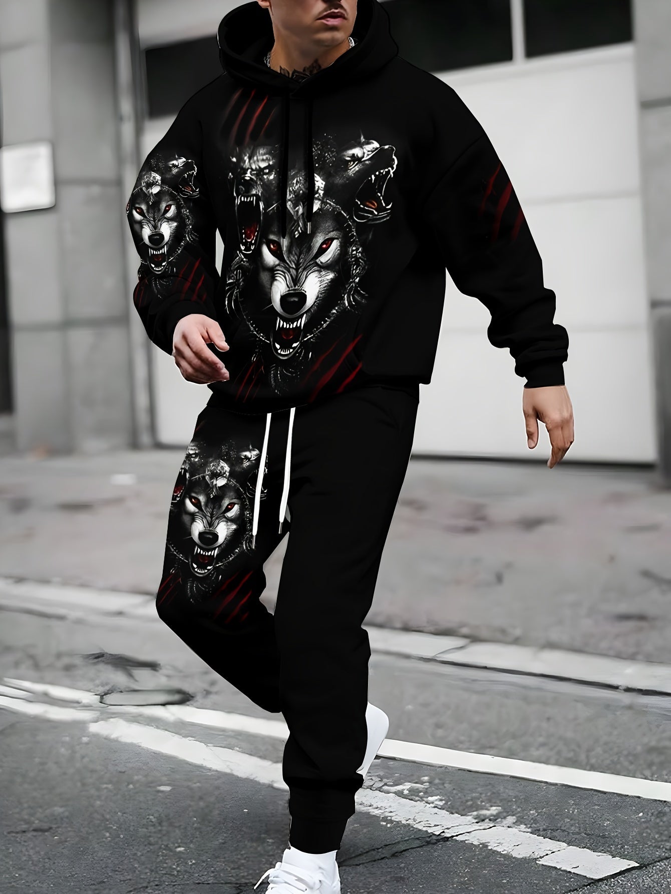 Men's plus size wolf print hooded sweatshirt and pants set, athletic casual style for spring/autumn