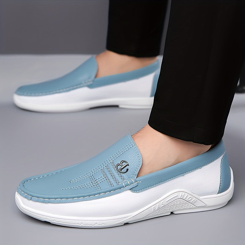 Men's trendy color block slip-on loafers with microfiber upper and durable non-slip rubber sole, perfect for daily wear.