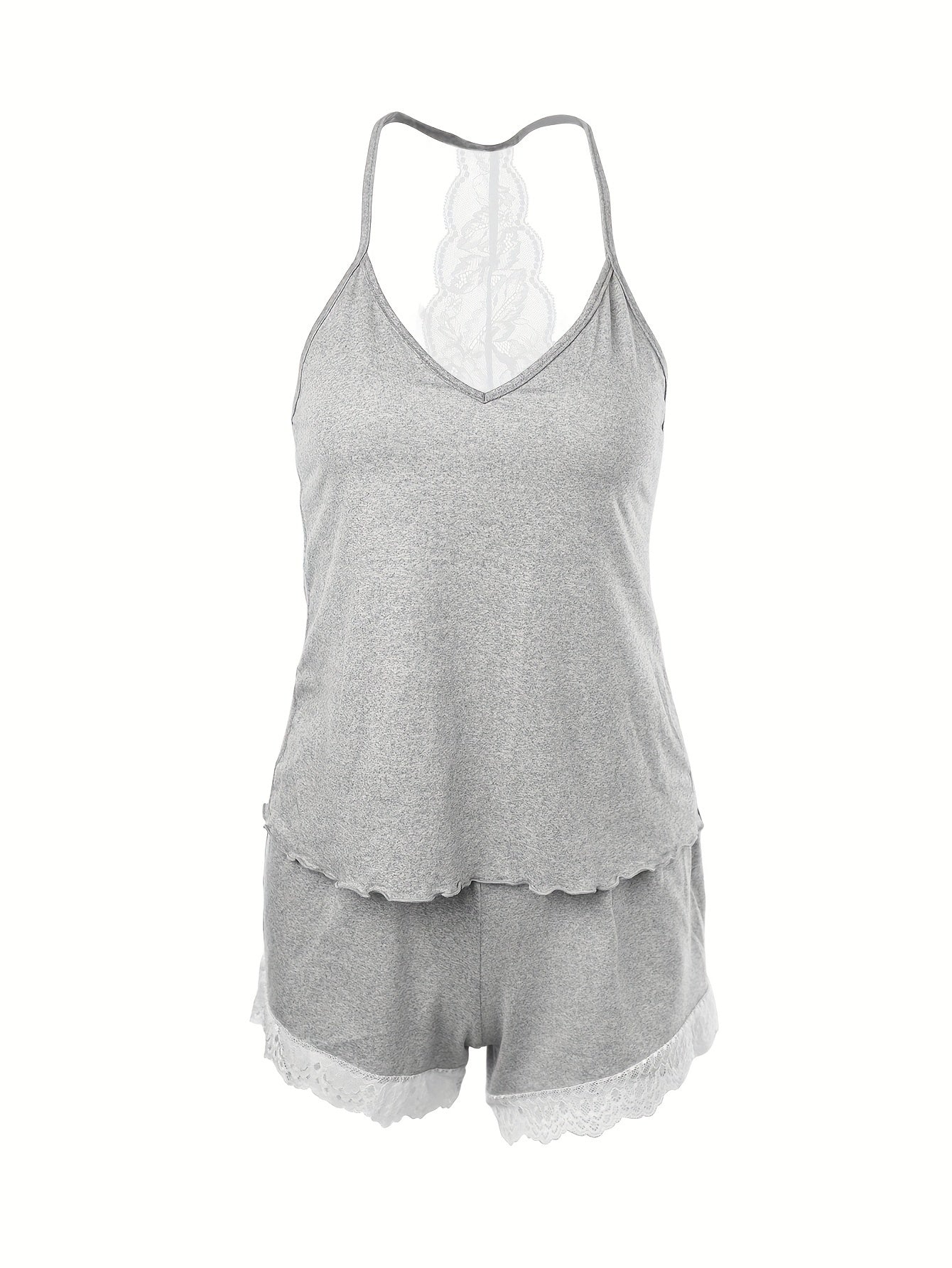 Women's sleepwear set with lace cami top and elastic waistband shorts