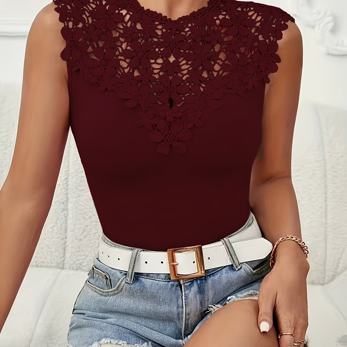 Floral lace applique tank top for summer, plus size, women's casual sleeveless top.