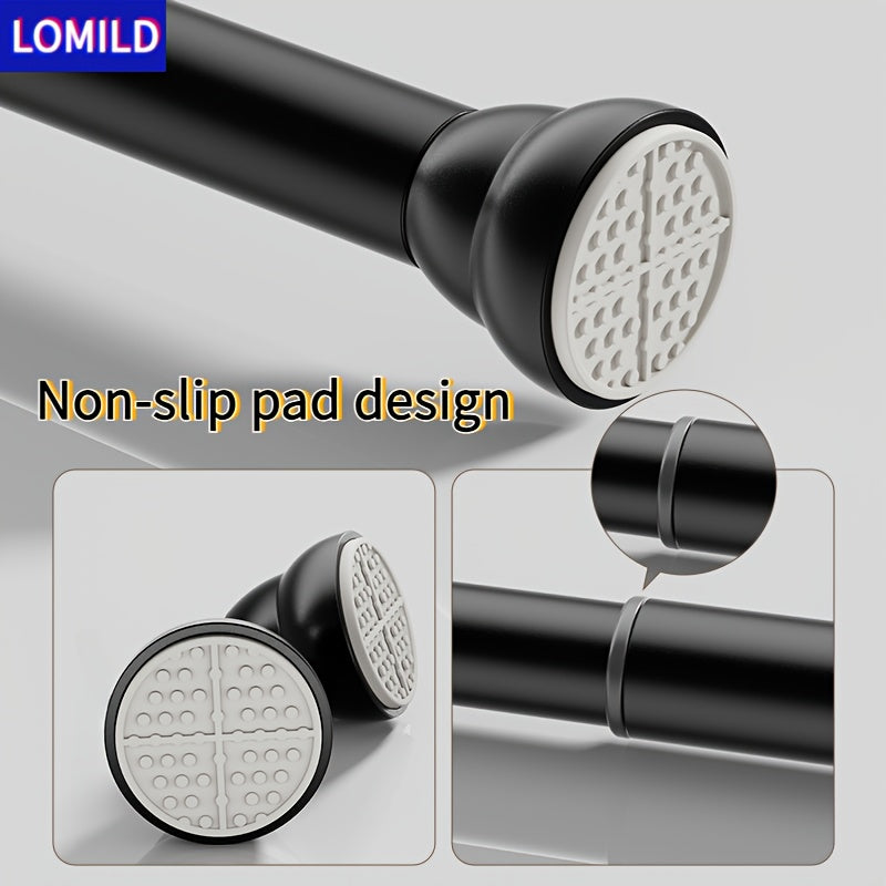 Lomild stainless steel tension shower curtain rod in black, extendable for hanging clothes or curtains without drilling, suitable for use in bedroom, bathroom, or balcony.