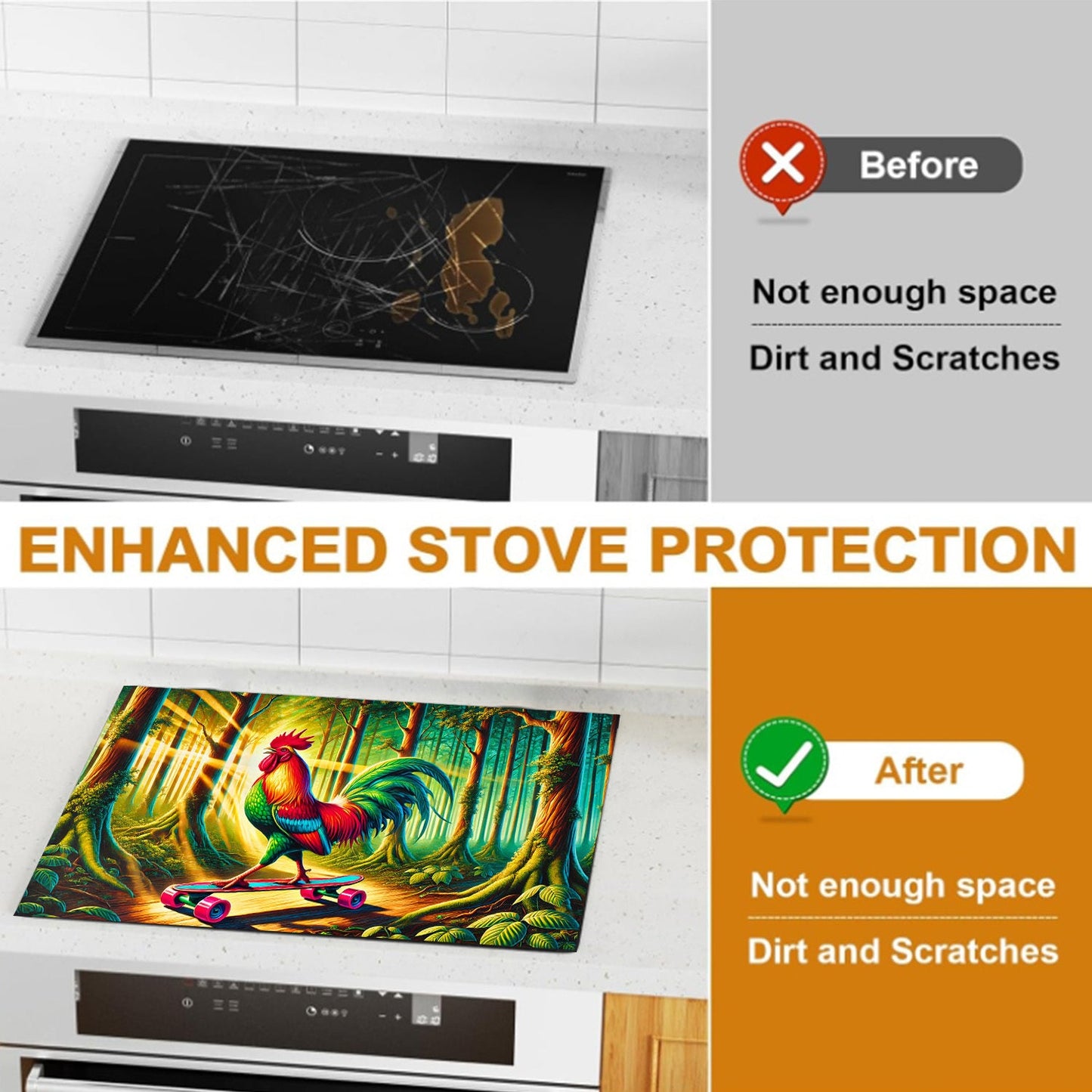 Protect your appliances with the 1pc Spring Rooster Skateboard Design Anti-Slip Waterproof Stove Cover. This heat-resistant cover provides scratch protection for electric stoves, washing machines, dryers, and ironing mats. Easy to clean and no battery