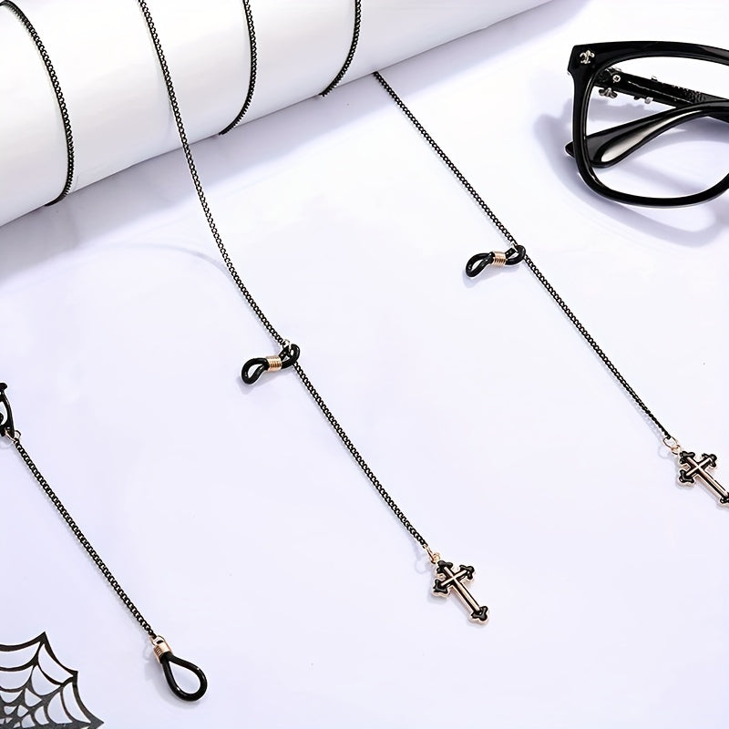 Set of 4 Gothic Black Bat Cross Moon Glasses Chains for Women and Men - Eyeglass Strap Holder Halloween Lanyards Retainer