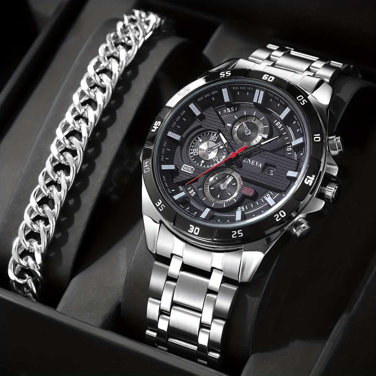 Elevate your style with this high-end men's watch featuring a large dial, waterproof design, and two-piece set. Add a touch of elegance to your watch and bracelet collection.