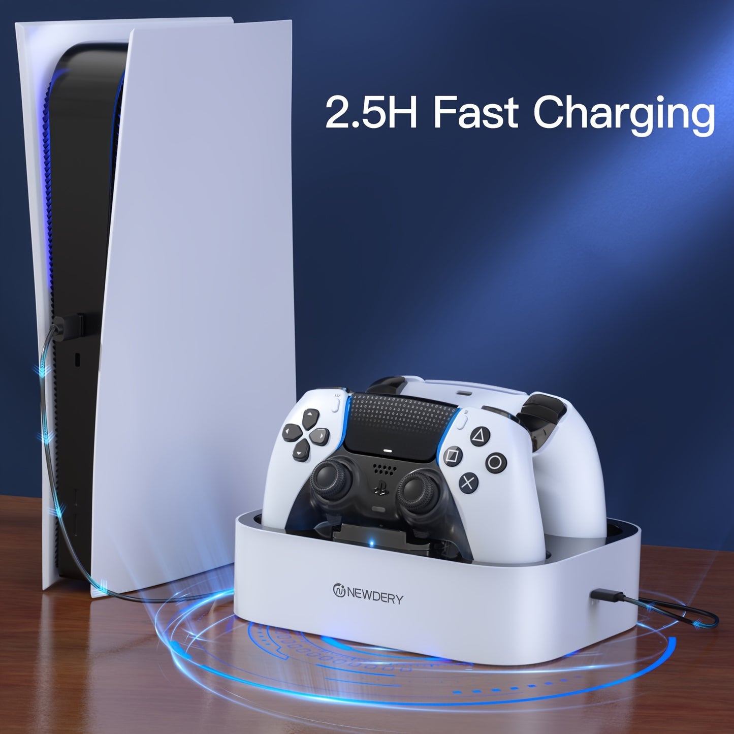 Newdery USB charging dock for PS5 and DualSense Edge controllers, fast 2.5h charging station with LED indicator, compatible stand for PlayStation 5 gamepad, durable plastic material, no