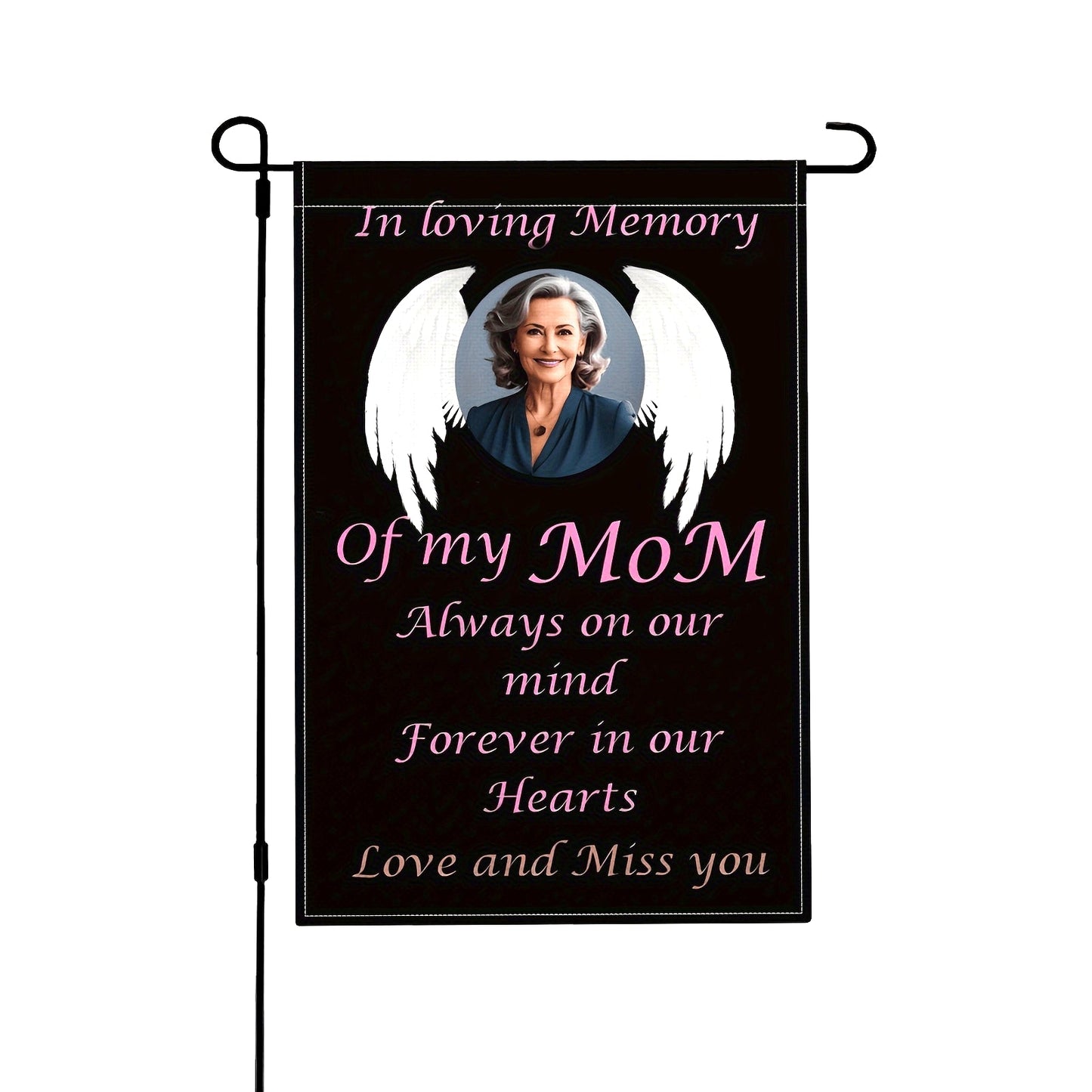 Personalized garden flags featuring a photo of your choice - "MoM Love and Miss You" or a custom heavenly angel photo. A thoughtful memorial gift for the loss of a loved one, suitable for decorating cemetery graves, outdoor yards, and lawns. These flags