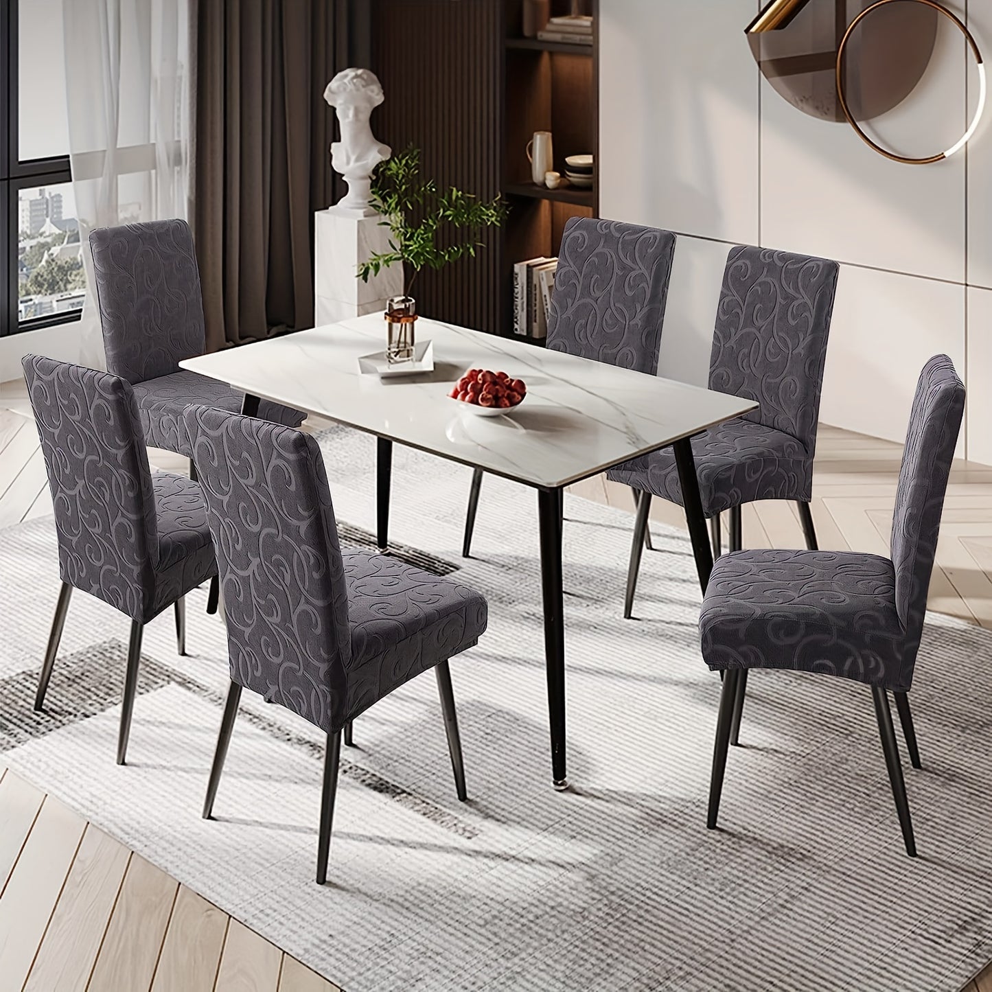 Waterproof chair slipcovers in 4pcs or 6pcs, stretch jacquard design for dining chairs. Removable, washable protector for home or commercial use.