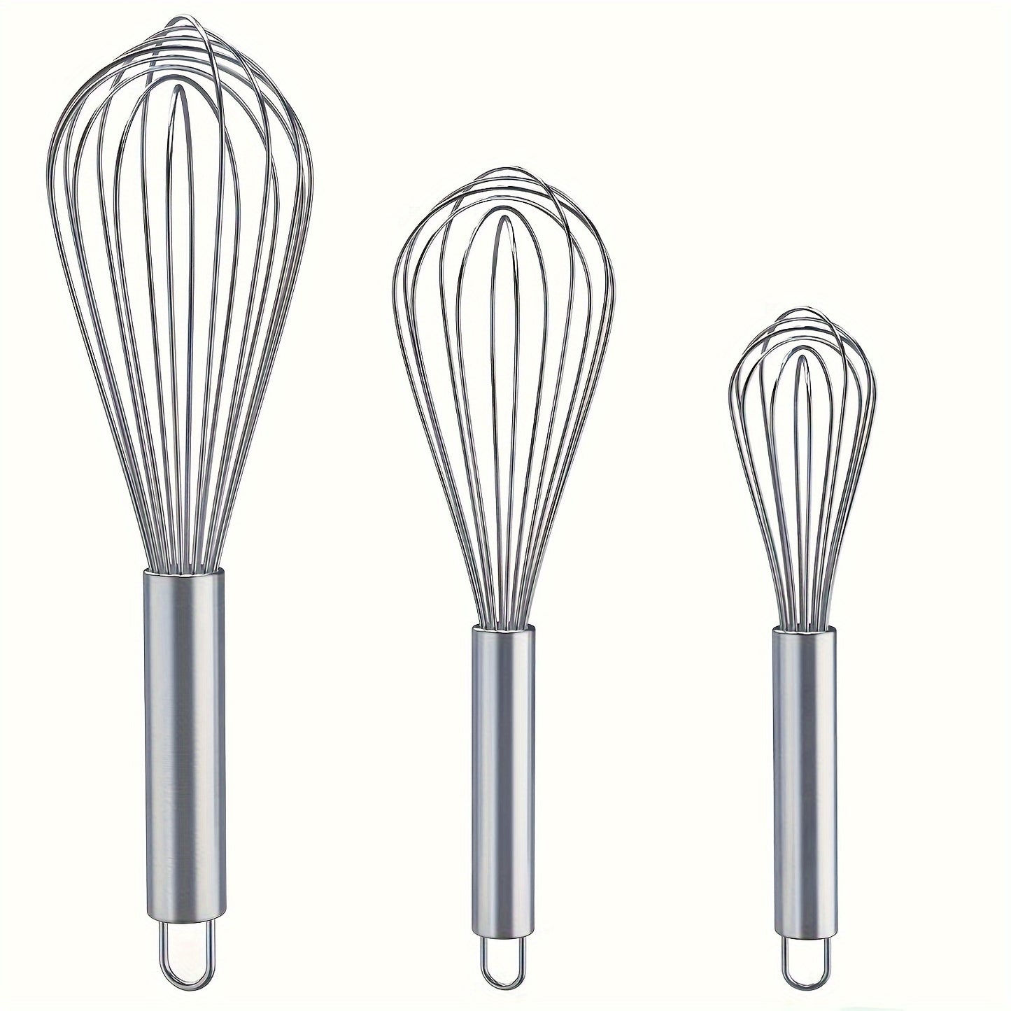 Durable stainless steel whisk set of 3 for manual whisking, beating, and stirring. Food-grade and easy to clean with ergonomic design. No batteries required.