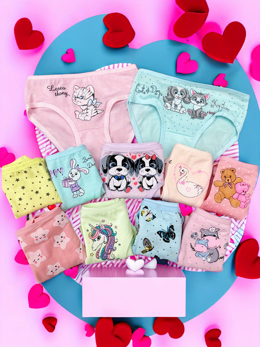 6pcs Cute Cartoon Print Cotton Blend Briefs for Girls with Medium Stretch Knit Fabric, 95% Cotton and 5% Spandex