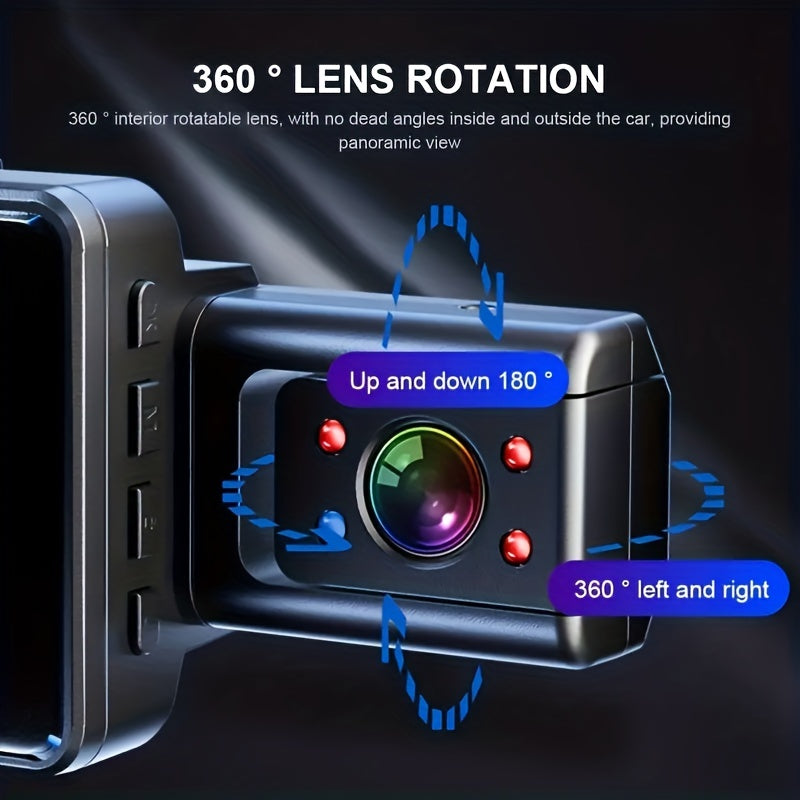 Dual lens dash cam for cars with 7.62cm screen, loop recording, night vision, and wide angle car video recorder.