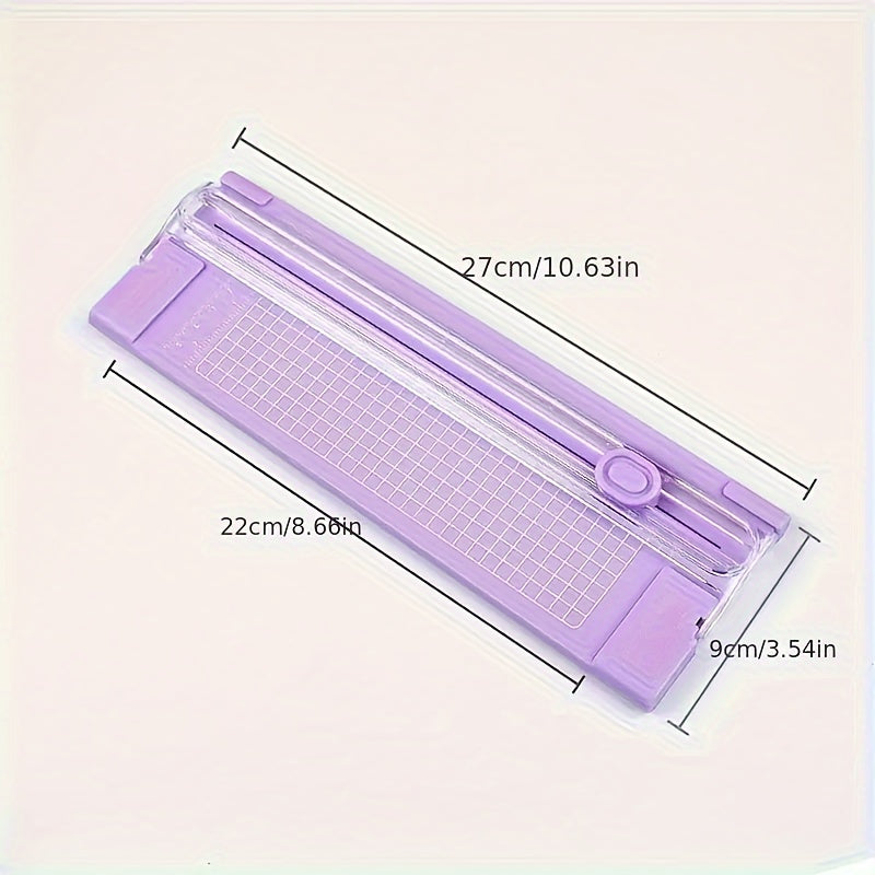 Compact sliding paper cutter for A4 paper, photos, copy paper, and stationery. Dual-direction design with measuring ruler. Available in bright pink, purple, green, blue, and black. Compact