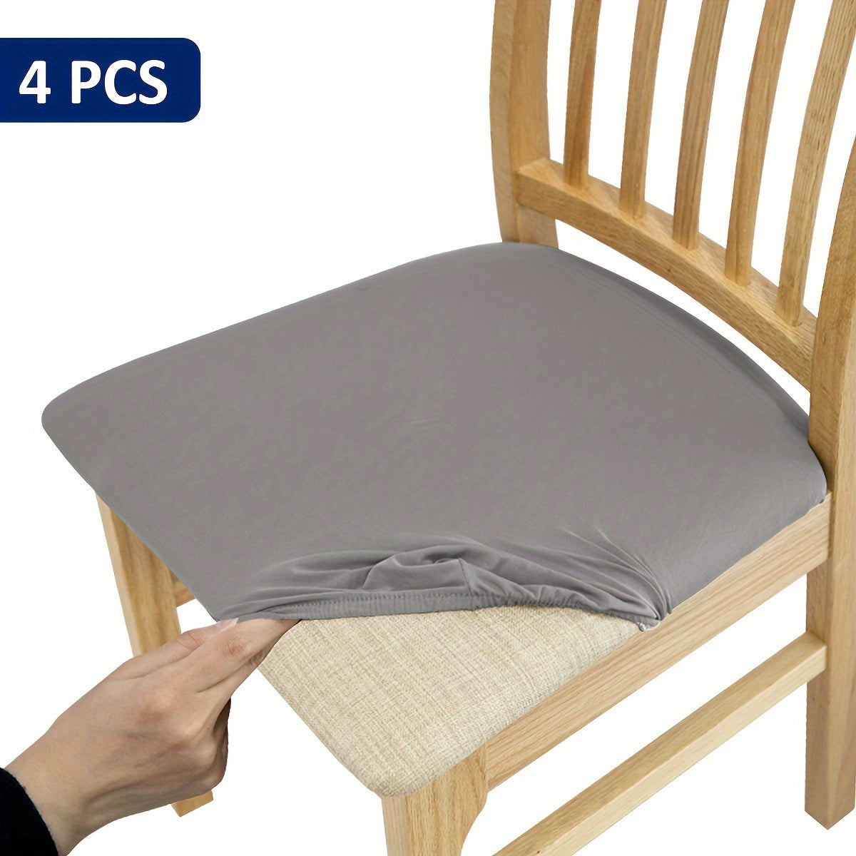 4/6 piece elastic chair cushion cover in various solid colors. Easy to install and ideal for protecting furniture in living rooms, kitchens, and restaurants.