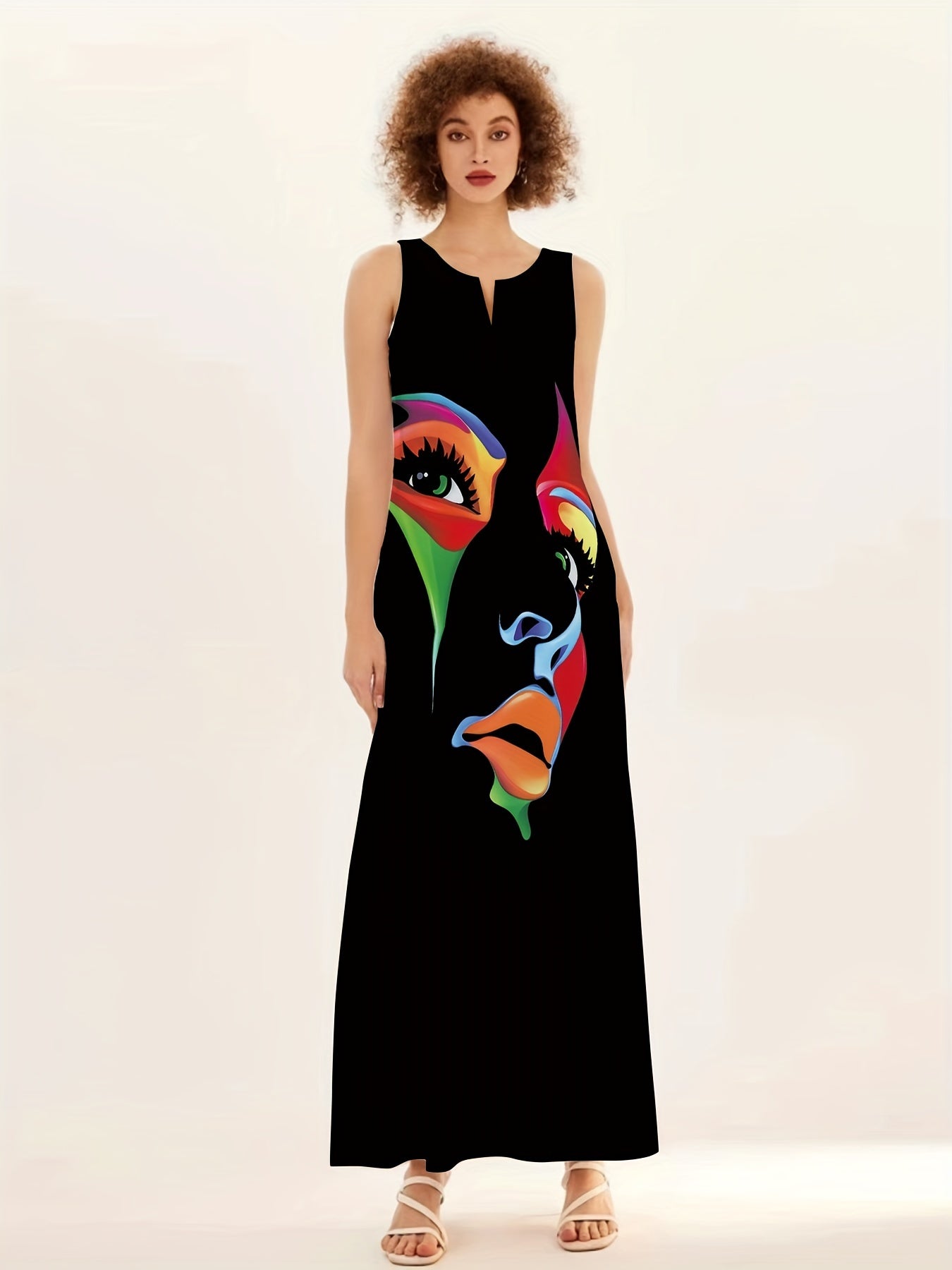 Abstract face print maxi dress with notched neck, sleeveless design perfect for summer and spring wear in women's clothing.