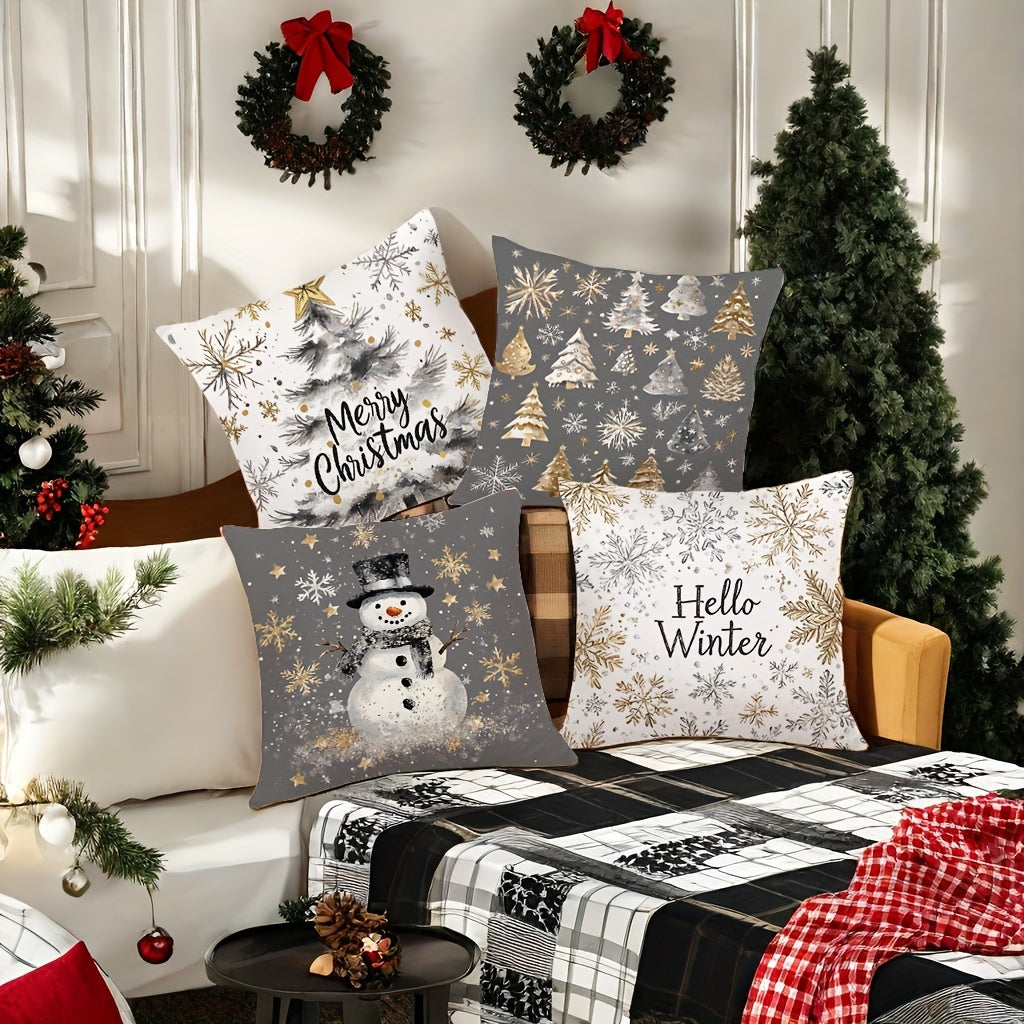 4-Pack Christmas throw pillow covers with festive golden and gray prints featuring snowman, trees, and winter designs. Made of polyester with zipper closure, machine washable. Ideal for living room decor. Woven pillowcases, pillow core not included.