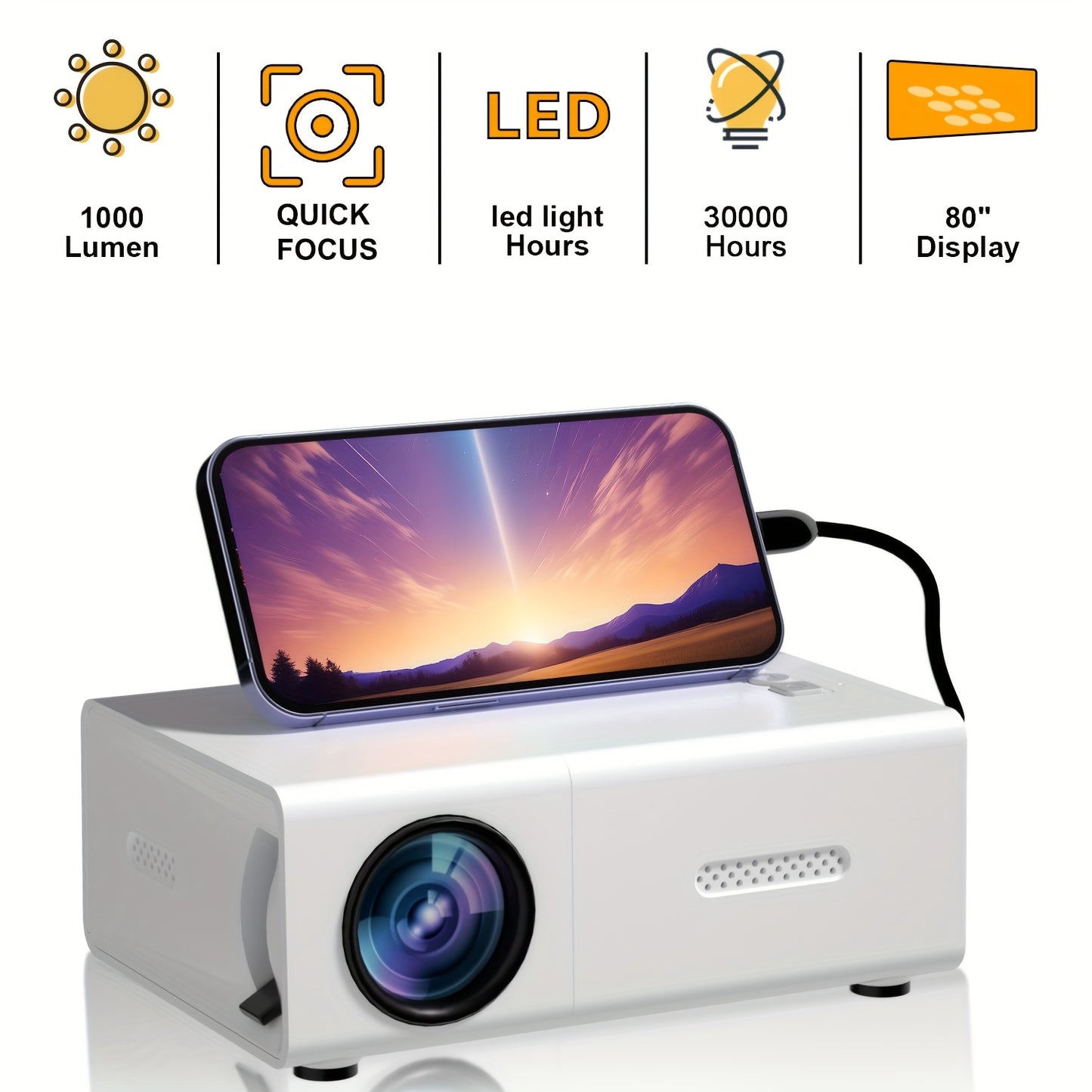 Portable high definition projector, easy to set up and connect, compatible with mobile phones, TV sticks, and computers, perfect for home theater, also suitable as a birthday gift.