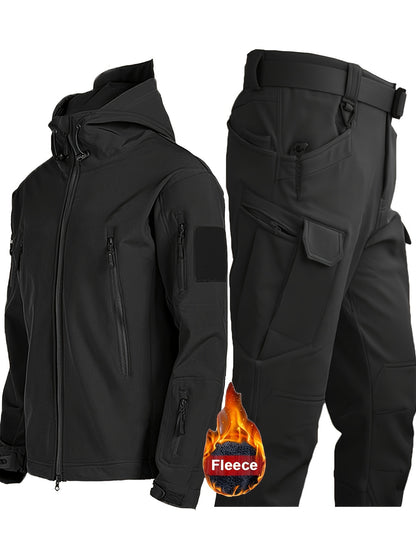 Men's Shark Skin Fleece Set: Hooded jacket + Tactical pants. Fall/Winter workwear made of Poly-Spandex blend. Solid color, loose fit.