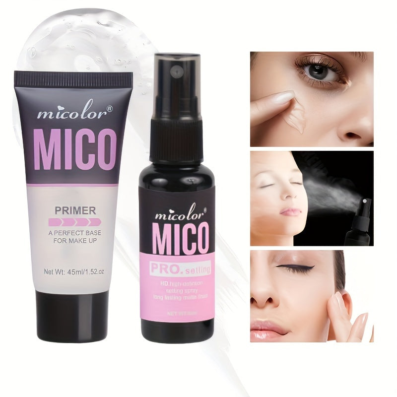 Makeup Set includes a 1.52 Oz/45ml Primer Base and HD High-Definition Long-Lasting Setting Spray for pore-minimizing and color-enhancing cosmetics.