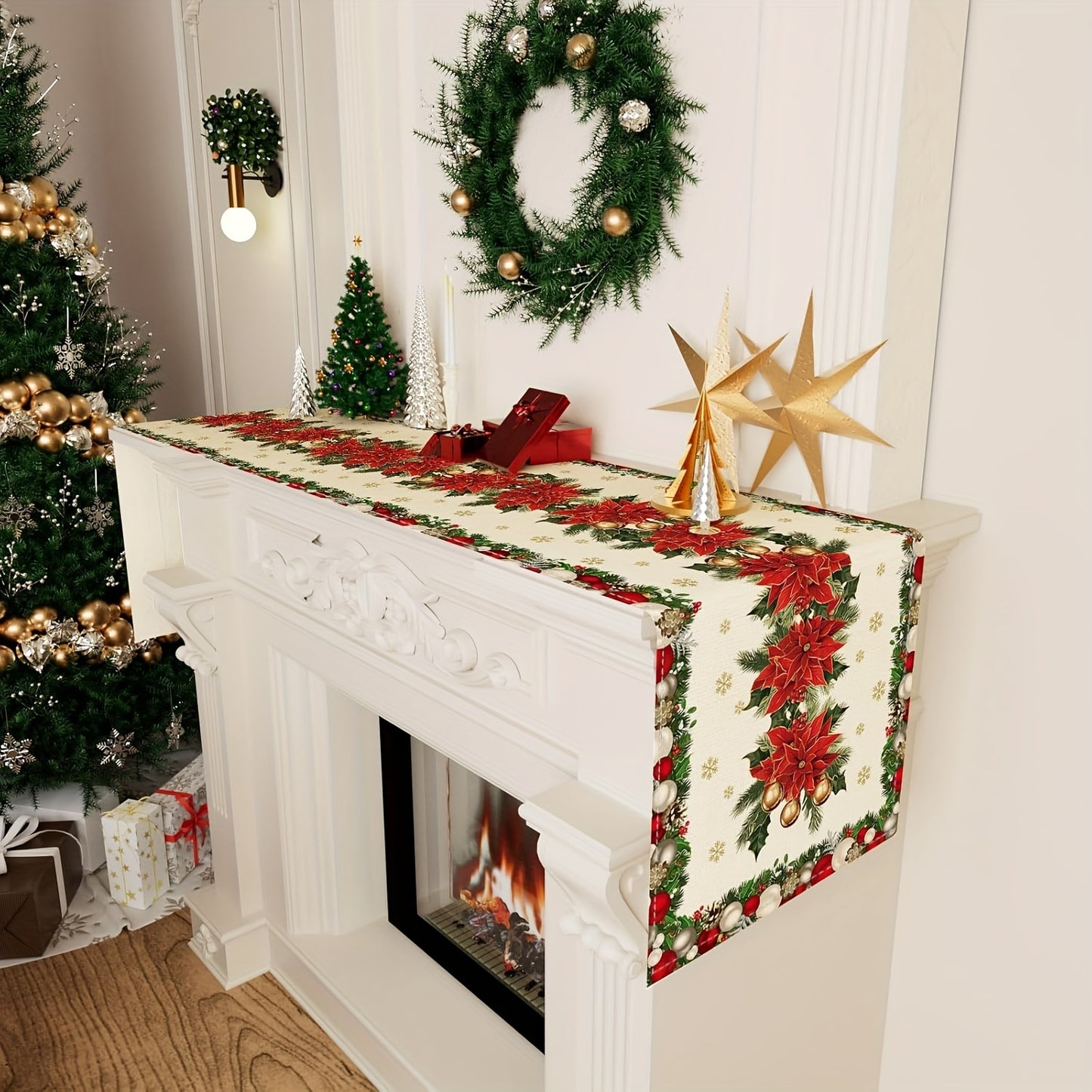 Snowflakes Christmas Linen Table Runner in various sizes for home decoration.