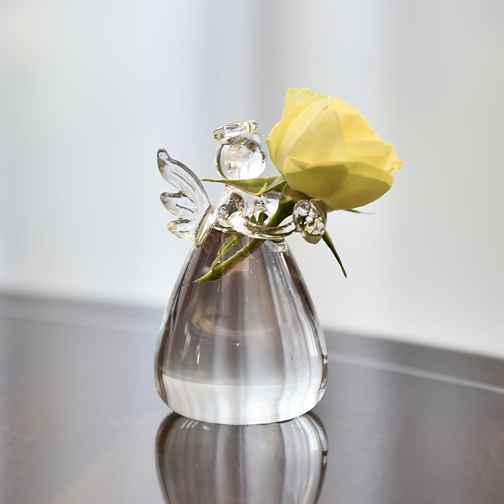 Stylish glass vase shaped like an angel, versatile for fresh or dried flowers, ideal for living room or dining table decor, no batteries needed.