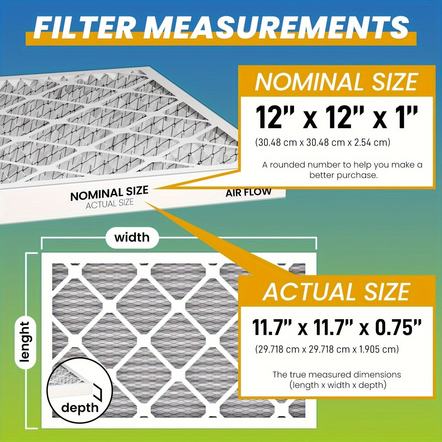 6-pack of MERV8, MERV11, and MERV13 pleated replacement air filters for AC and furnace applications in home and pet environments. Actual dimensions are 29.72cm x 29.72cm x 1.91cm.