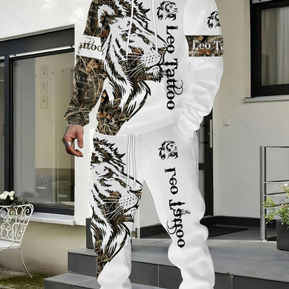 Men's polyester tracksuit set with geometric lion print, 3D digital print sweatshirt and pants, slight stretch fabric, ideal for casual spring/fall wear.