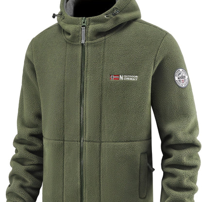 Men's fleece-lined hooded jacket for fall/winter activities, featuring windproof design, zipper pockets, and embroidery details.