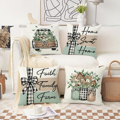 Set of 4 Farmhouse Throw Pillow Covers featuring Eucalyptus Leaves and Stripe design, measuring 45.72*45.72cm. Ideal for home decor in porch, patio, couch, sofa, living room, or outdoor spaces. Perfect gift idea, no pillow inserts included.