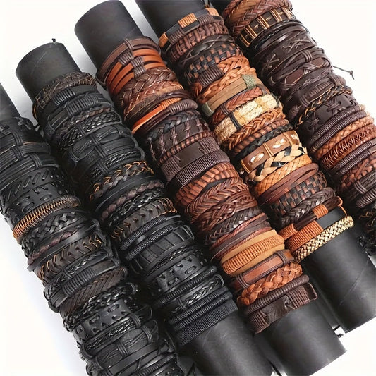 Set of 10, 20, or 30 Faux Leather Bracelets for Men and Women, Perfect for Christmas, Thanksgiving, and New Year Gifts. These Fashionable Retro Black and Brown Alloy Faux Cowhide Woven Bracelets are Adjustable and Stylish.