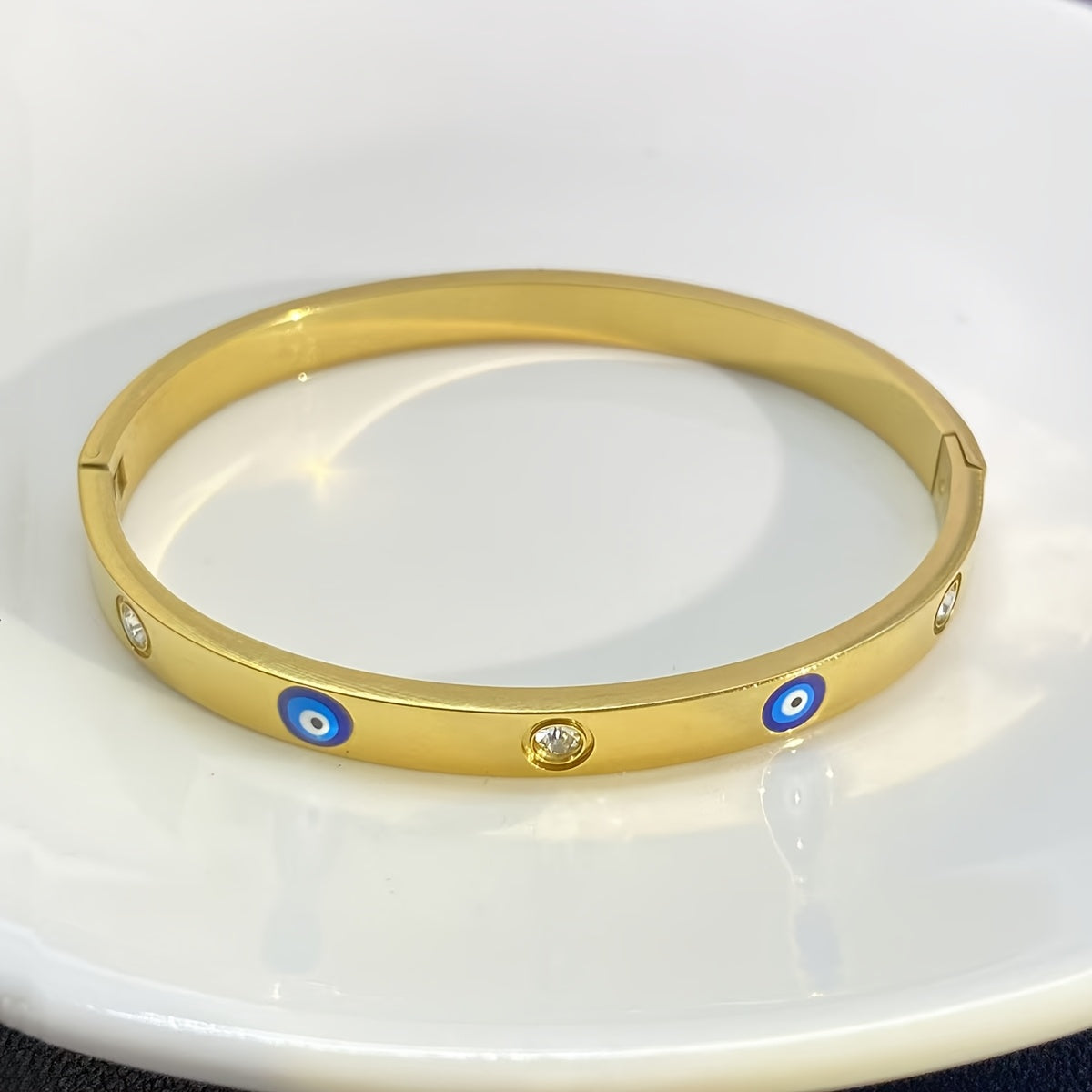 Chic Golden Stainless Steel Bracelet featuring Blue Evil Eye Charms & Glittering Rhinestones - Perfect for Boho Chic or Casual Outfits, Great Present for your Girlfriend, Stunning Stainless Steel Bracelet, Ideal Gift Option