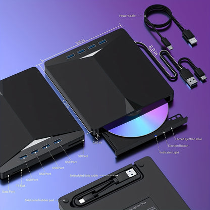 Portable DVD Drive with USB ports, card readers, and high-speed USB 3.0 for laptops and PCs - perfect for movies, music, games, and data transfer.